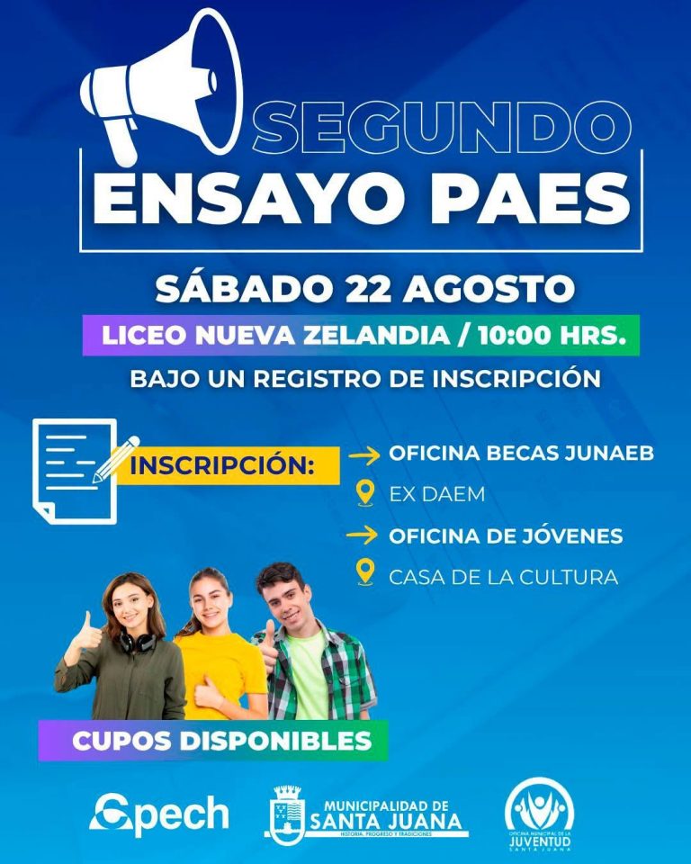 ¡Atención estudiantes y futuros universitarios! Este sábado 22 de agosto te invitamos a vivir el Segundo Ensayo PAES en Santa Juana. 📝✨