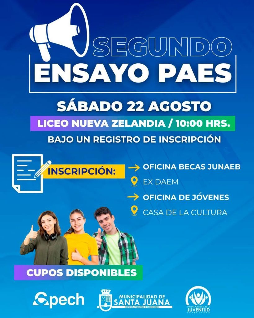 ¡Atención estudiantes y futuros universitarios! Este sábado 22 de agosto te invitamos a vivir el Segundo Ensayo PAES en Santa Juana. 📝✨