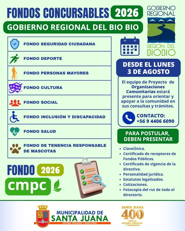 📋 ¡Atención organizaciones y agrupaciones de Santa Juana! Ya están abiertos los Fondos Concursables 2026 🤝✨