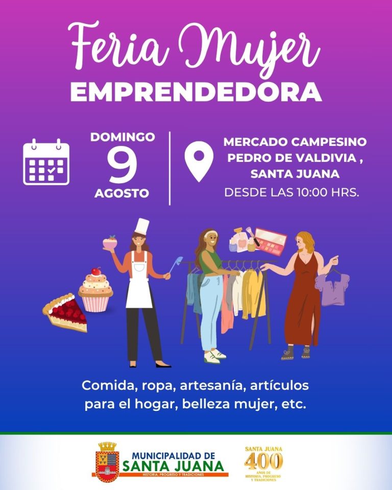 ¡Atención, Santa Juana! 🌿 Este domingo 9 de agosto ven a disfrutar y apoyar el talento local en la Feria Mujer Emprendedora 🌸.