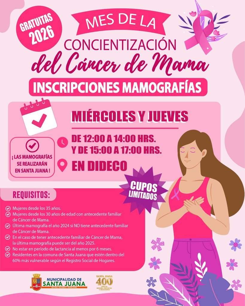 ¡ATENCIÓN VECINAS! INSCRIPCIONES PARA MAMOGRAFÍAS GRATUITAS EN SANTA JUANA 🎀✨